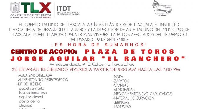 Abren centro de acopio en la Plaza de Toros de Tlaxcala